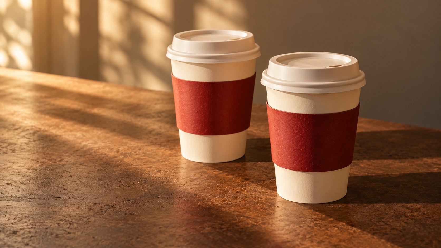 Two takeaway coffee cups on a tabletop