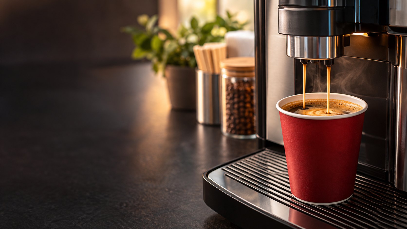 Fresh coffee being poured from a self-service coffee machine