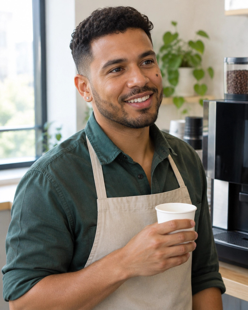 Bubba Beans service team member holding a fresh cup beside a bean to cup coffee machine for office service visits
