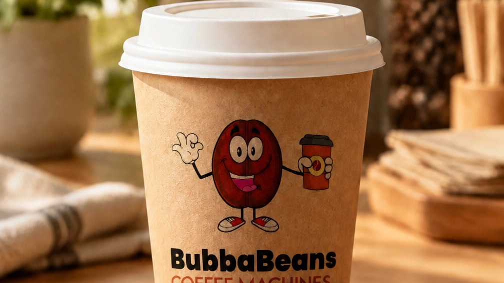 A fresh cup of Bubba Beans specialty coffee served in a branded paper cup at an Oakland workplace.
