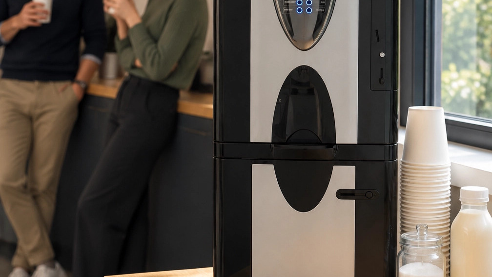 A managed bean-to-cup coffee machine set up in a breakroom, ready for service at a San Pablo area business.