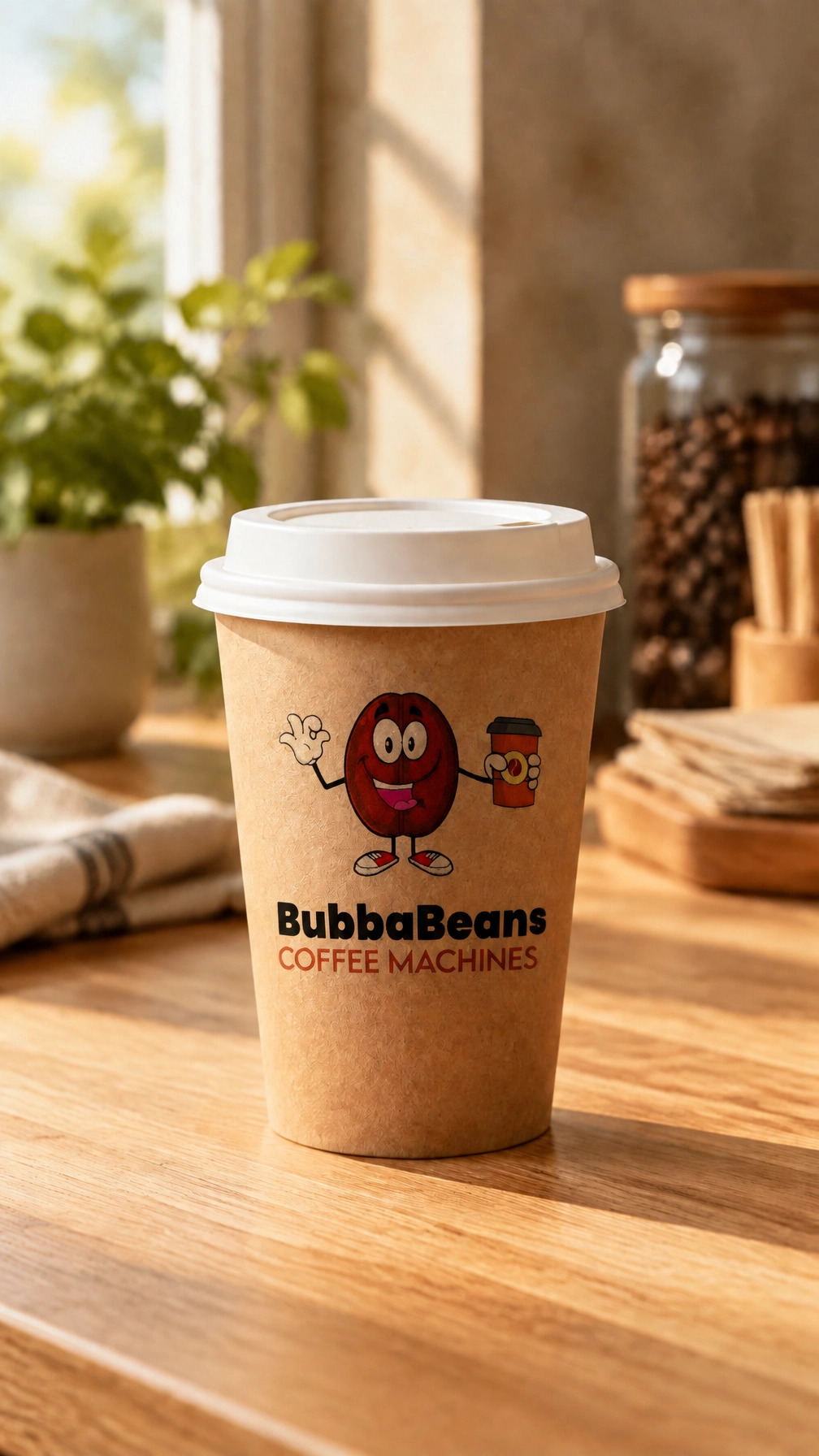A fresh cup of Bubba Beans specialty coffee served in a branded paper cup, the same coffee poured at the self-service location in San Pablo.